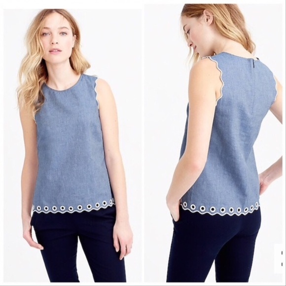 J. CREW Top Sleeveless Scallop Bohemian Summer Grommet Denim Blue Size 2 - Picture 1 of 16